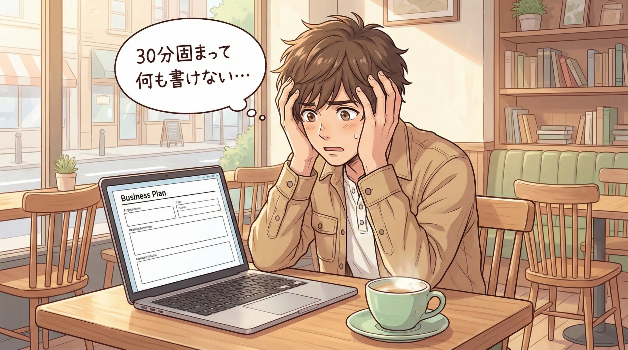 事業計画書の前で悩む日向